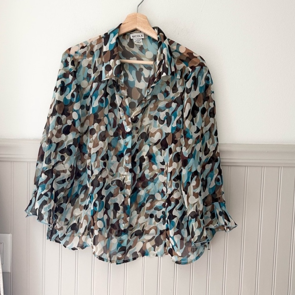 Vintage NICOLA Multi Color Pattern Blouse XL Blue Beige Brown Button Up Shirt